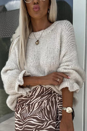 Solid Color Round Neck Ruffled Long Sleeve Knitted Sweater