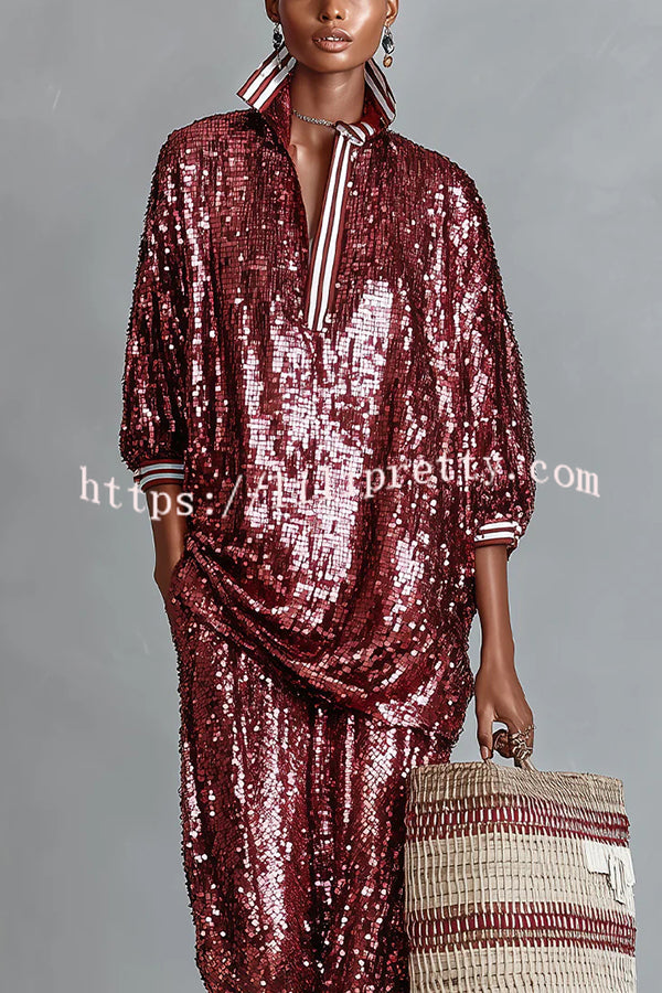 Holiday Honey Sequin Striped Trim Half Sleeve Loose Shirt and Elastic Waist Pocket Wide Leg Pants Set