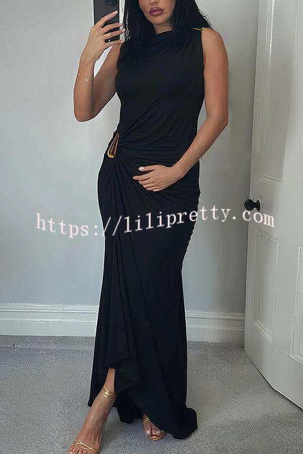 Fashionable Metallic Embellishments Pleated Sleeveless Slim-fit Maxi Dress