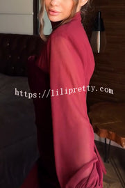 Hildie Chiffon and Two-piece Velvet Lace-up Bra High Neck Long Sleeve Maxi Dress