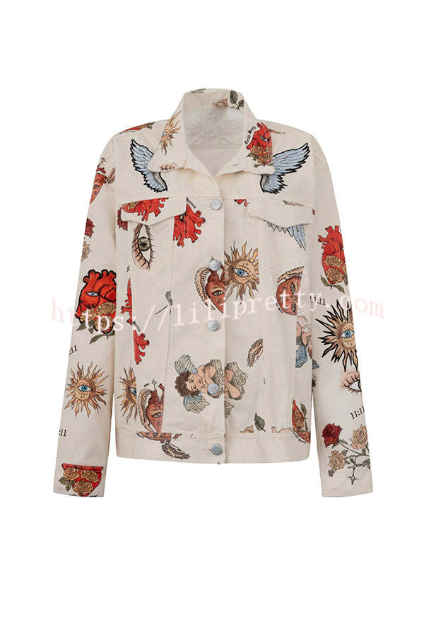 Angel Wings Denim Unique Print Button Up Long Sleeve Pocketed Relaxed Jacket