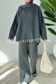 Solid Color Loose Long-sleeved Knit Top and Elastic Waist Casual Straight Leg Pants Set