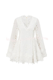 Diaz Embroidery Hollow Fabric Delicate Flower Trim Long Sleeve Side Lace-up Mini Dress