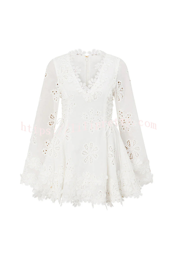 Diaz Embroidery Hollow Fabric Delicate Flower Trim Long Sleeve Side Lace-up Mini Dress