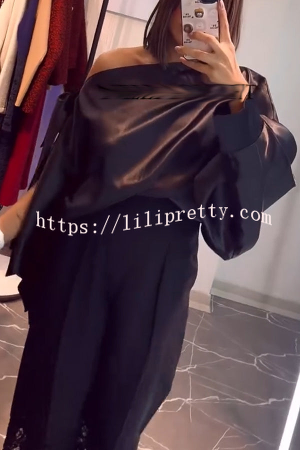 Chic Moment Satin Irregular Knot Slit Sleeve One Shoulder Loose Blouse