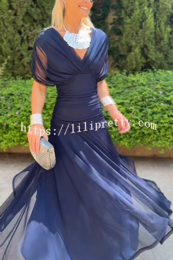 Unique Printed V-Neck Waisted Mesh Holiday Maxi Dress