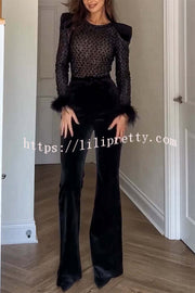 Monique Fish Scale Lace Sequin Velvet Patchwork Feather Trim Stretch Flare Jumpsuit