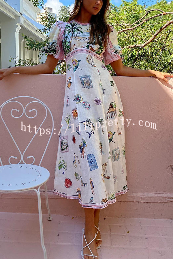 Lilipretty European Summer Sunset Linen Blend Unique Print Puff Sleeve Midi Dress