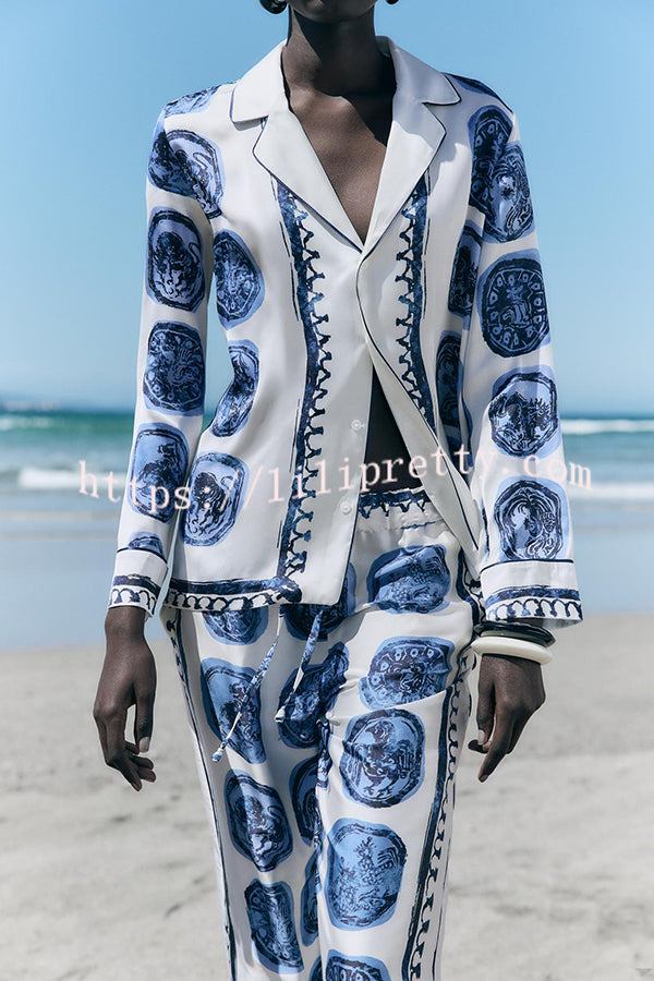 Unique Print Lapel Long Sleeve Shirt and Elastic Waist Wide Leg Pants Set