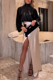 Black and White Classic Satin High Neck Crop Top and Wrap Tie-up Slit Maxi Skirt Set