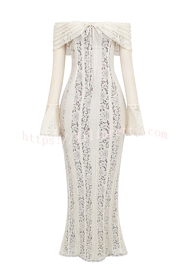 Outline The Curve Floral Lace Off Shoulder Bell Sleeve Stretch Maxi Dress