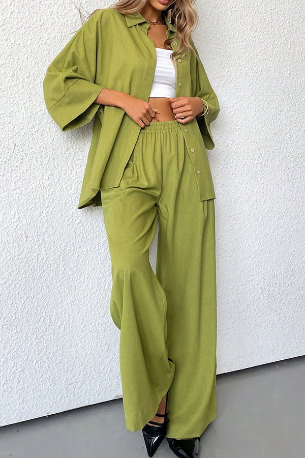 Solid Color Loose Casual Shirt and Elastic Waist Pocket Wide Leg Pants Set