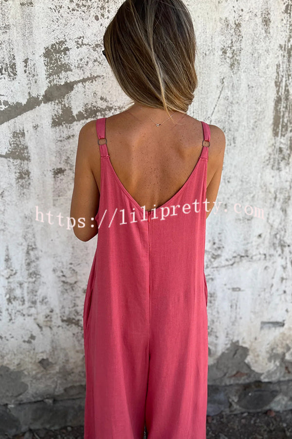 Linen Blend Solid Color Suspenders Loose Pockets Casual Wide-leg Jumpsuit