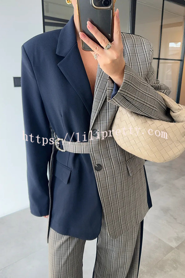 Nayla Plaid Contrast Color Belted Long Sleeve Lapel Blazer and Pocketed Wide Leg Pants Set