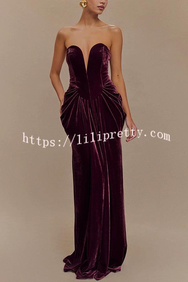 Paige Velvet Off Shoulder Side Pleated Hip Drape Maxi Dress