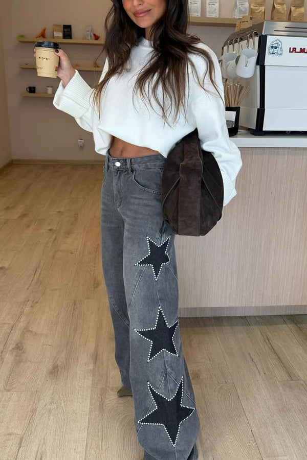 Jessy Denim Mid Rise Side Star Pattern Pocket Wide Leg Jeans