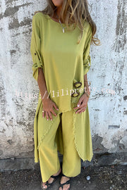 Jamilah Linen Blend Ring Detail Midi Blouse  and Elastic Waist Pocketed Loose Pants Set