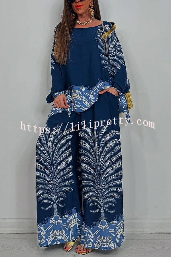 Unique Print Loose Drawstring Long Sleeve Top and Elastic Waist Casual Pocket Wide Leg Pants Set