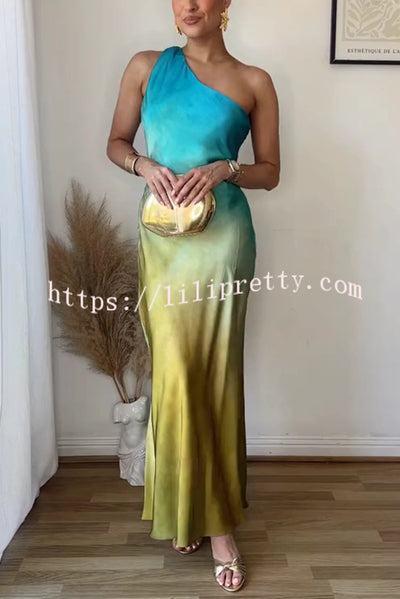 Satin Ombre One Shoulder Backless Fitted Maxi Dress