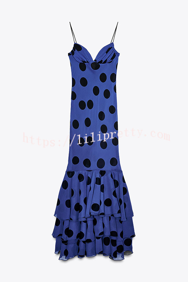 Eliora Mesh Polka Dot Print Gathered Bust Layered Fishtail Hem Maxi Dress