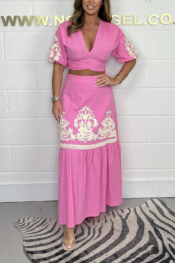 Stylish V-neck Puff-sleeved Crop Top and Elastic Waist Paneled Maxi Skirt Set