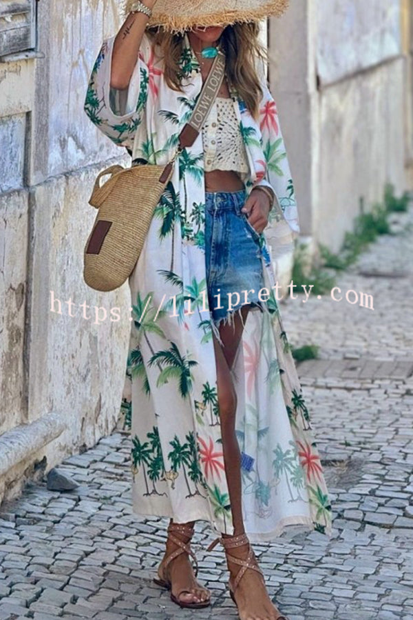 Resort Style Botanical Print Tie-waist Long Cover-up