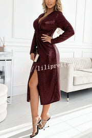 Coralia Sequin V-neck Long Sleeve Twist Waist Front Slit Midi Dress