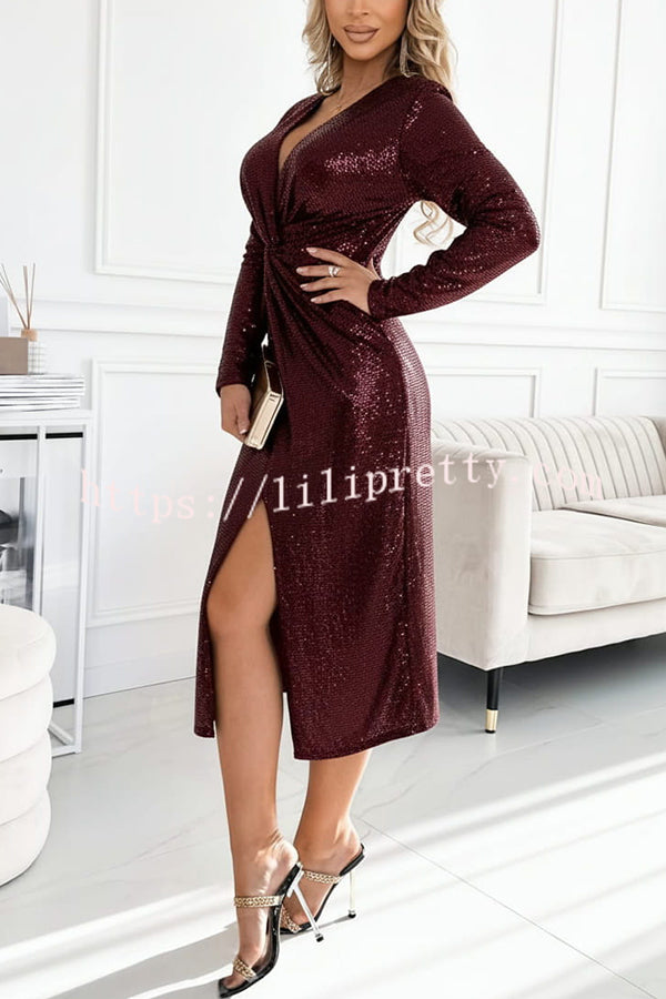 Coralia Sequin V-neck Long Sleeve Twist Waist Front Slit Midi Dress