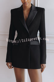 Modern Evening Gown Satin Lapel Button Long Sleeve Tuxedo-style Blazer Mini Dress