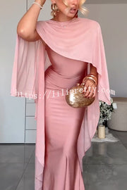 Party Charm Satin Sheer Chiffon High Low Cape Slip Maxi Dress