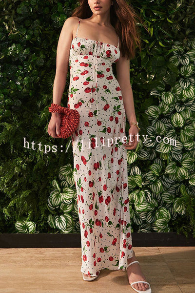 Lilipretty® Summer Fragrance Polka Dot Cherry Print Tie-up Slip Maxi Dress