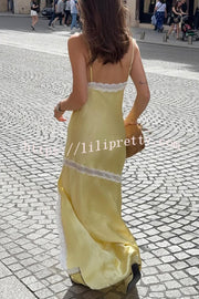 Sweet Trend Satin Lace Trim V-neck Slit Slip Maxi Dress