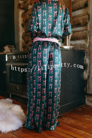 Satin Bow Print Long sleeve Loose Shirt and Elastic Waist Tie Loose Pants Set