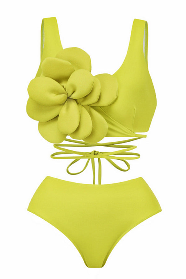 Solid Color Large Flower Decoration High Waist Elastic Two Piece Bikini Swimsuit