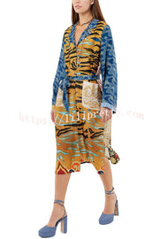 Tropical Jungle Tiger Unique Print  Long Sleeve Belt Pocketed Kimono Coat