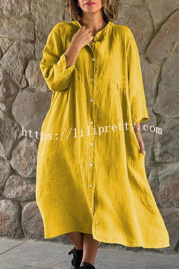 Lilipretty Mindful Cotton Blend Solid Color Button Casual Midi Dress
