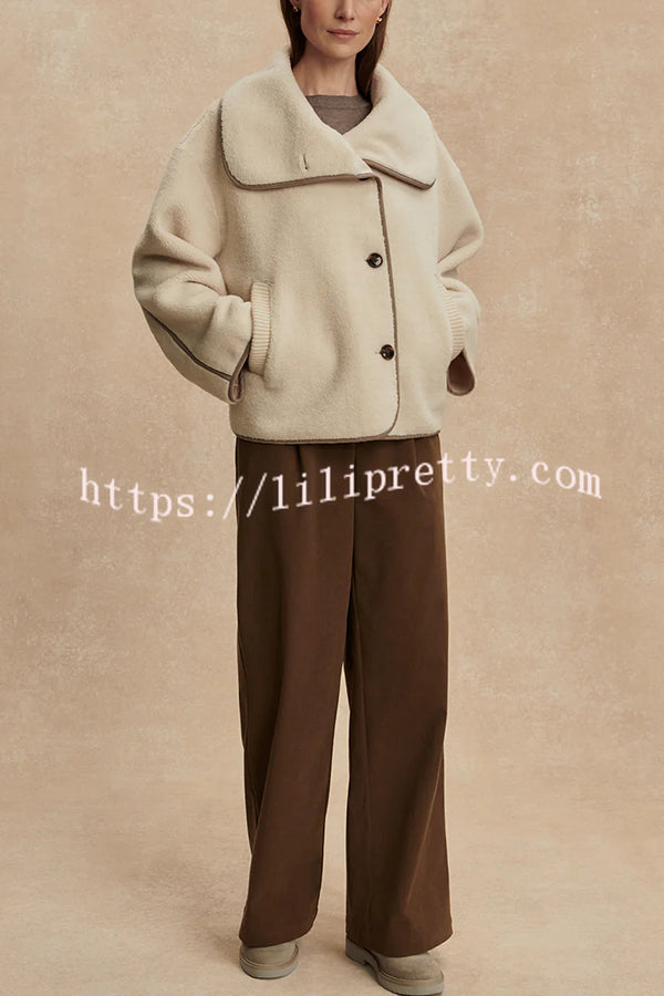Romane Faux Fleece Fabric Contrast Trim Long Sleeve Knitted Pocket Lapel Loose Jacket