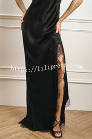 Elegant Splicing Lace Suspenders V-neck Sexy Slit Maxi Dress