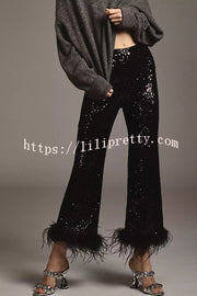 New Year Eve Sequin Feather Trim High Rise Back Zipper Flare Pants
