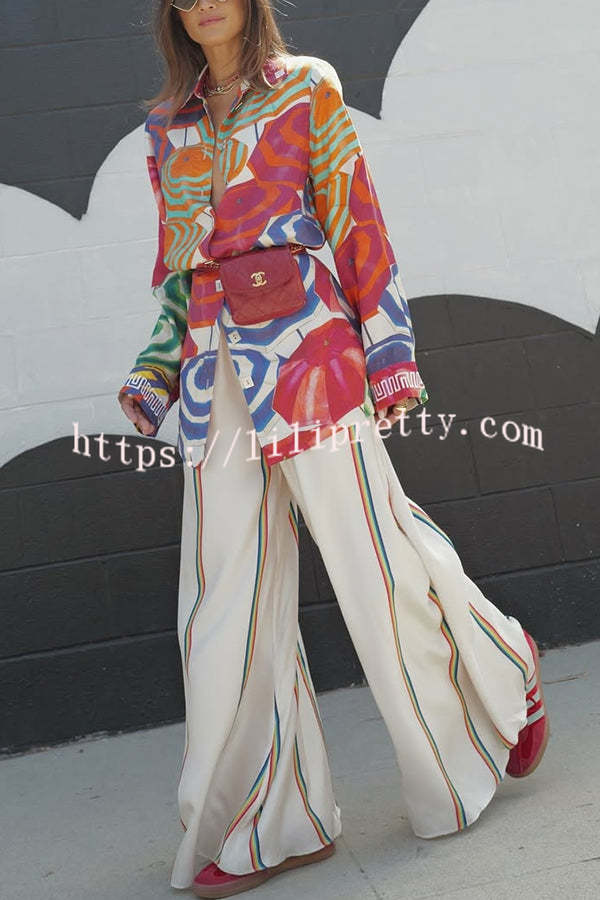 Elouise Satin Color Block Art Print Long Sleeve Button Back Elastic Waist H-line Mini Dress