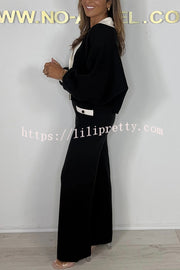 Fashion Contrast Color V-neck Loose Cardigan and Elastic Waist Casual Pants Set