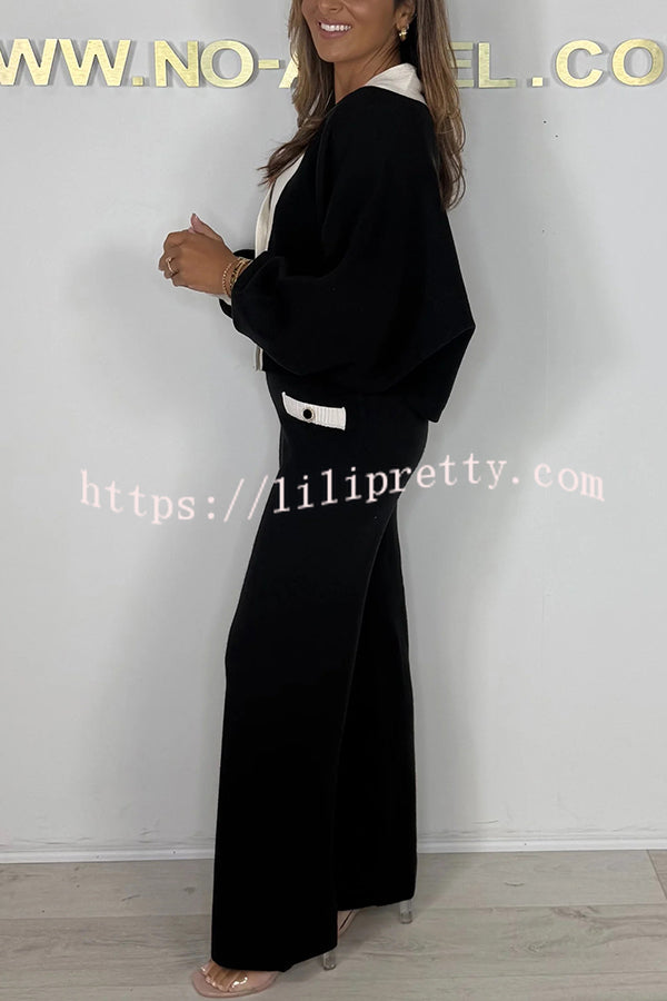 Fashion Contrast Color V-neck Loose Cardigan and Elastic Waist Casual Pants Set