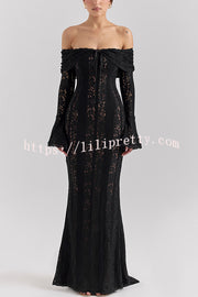 Outline The Curve Floral Lace Off Shoulder Bell Sleeve Stretch Maxi Dress