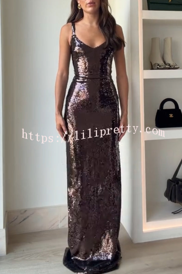 Dazzling Like Flowing Water Sequin V-neck Back Zipper Slit Maxi Dress