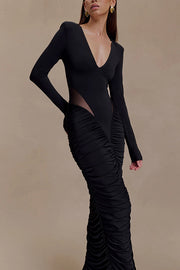Sexy See-through Long-sleeved V-neck Pleated Slim-fit Maxi Dress