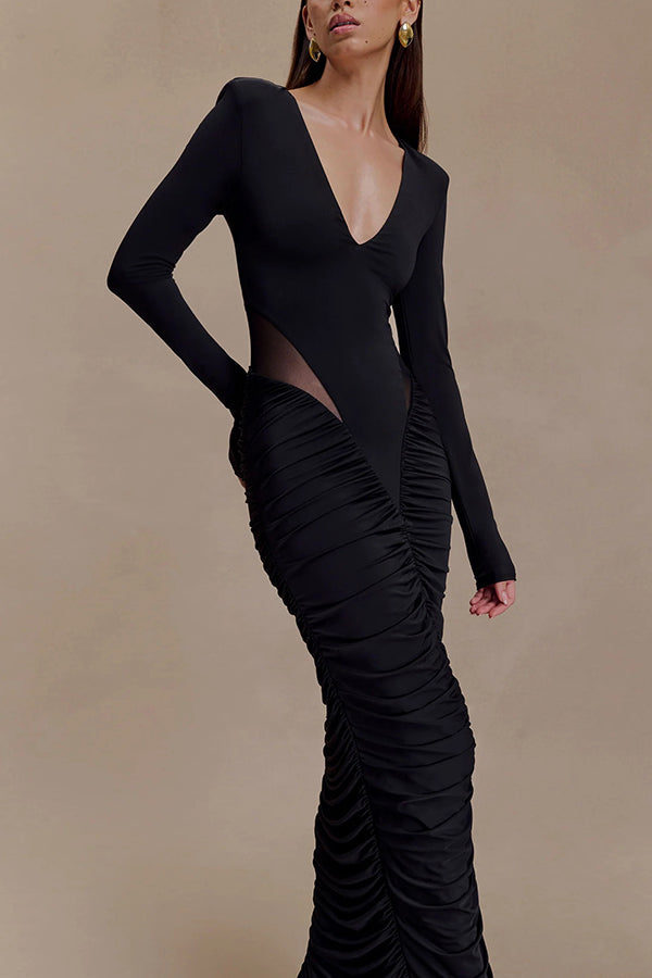 Sexy See-through Long-sleeved V-neck Pleated Slim-fit Maxi Dress