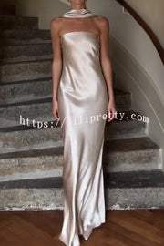 Satin Solid Color Elegant Strapless Slim Maxi Dress