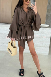 Solid Color V-neck Ruffled Long Sleeve Waist Tie Mini Dress