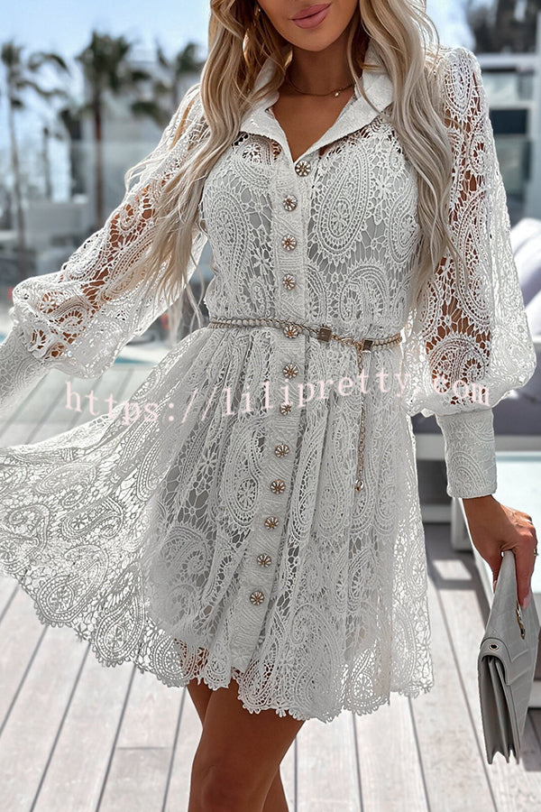Lilipretty Lace Hollow Button Long Sleeve Mini Dress