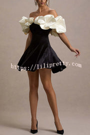 Brynne Satin Cloud Shape Puff Sleeve Velvet Stretch Mini Dress